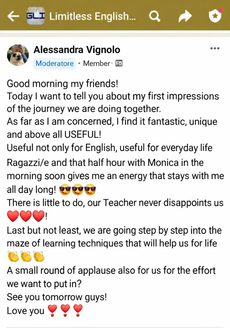 English translation of a message from Alessandra in Monica’s community group
