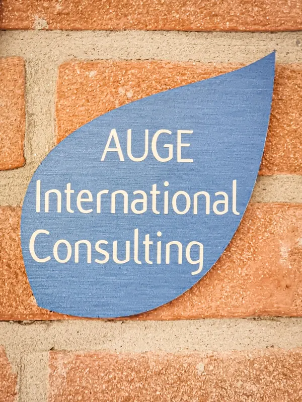 The AUGE International Consulting leaf on the brick wall
